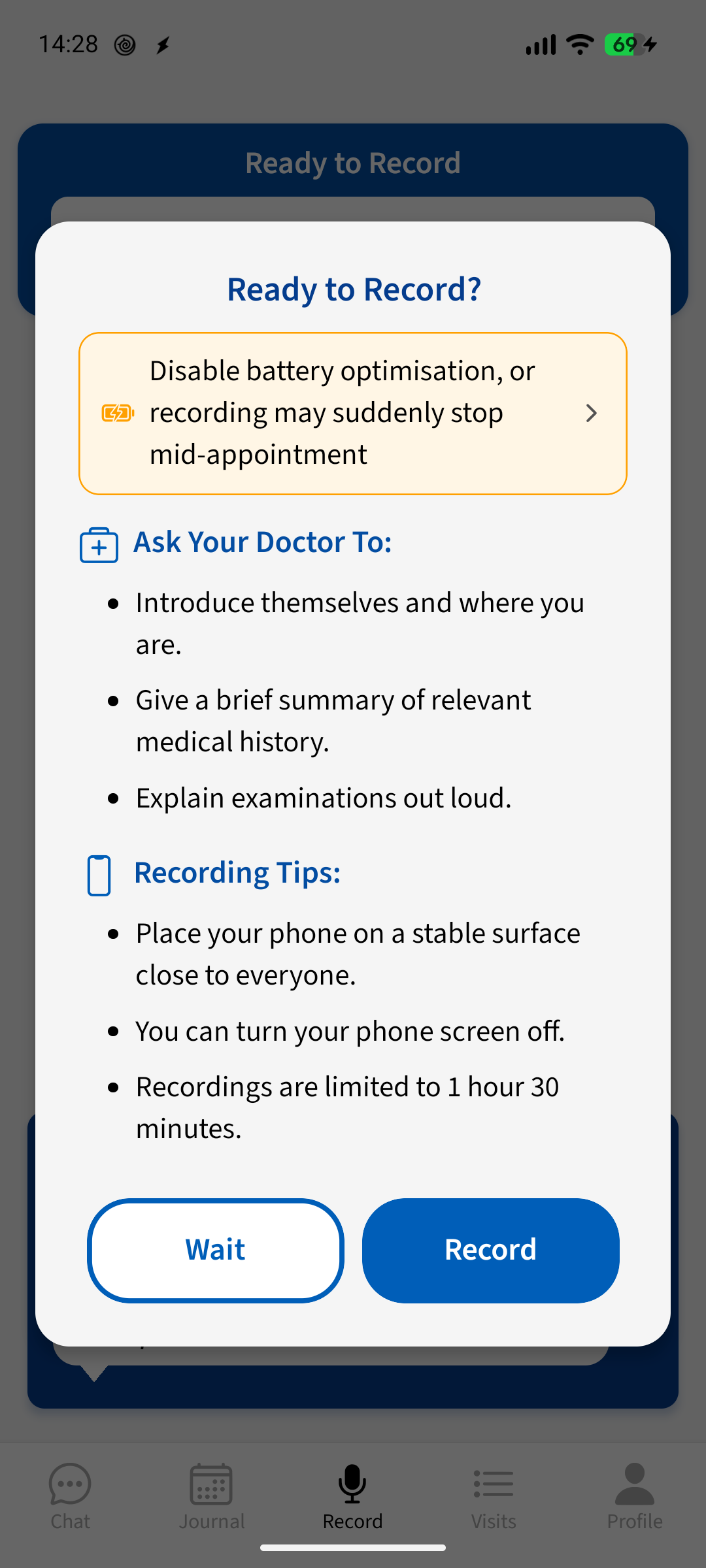 Advoca's ready-to-record dialog showing tips before an appointment