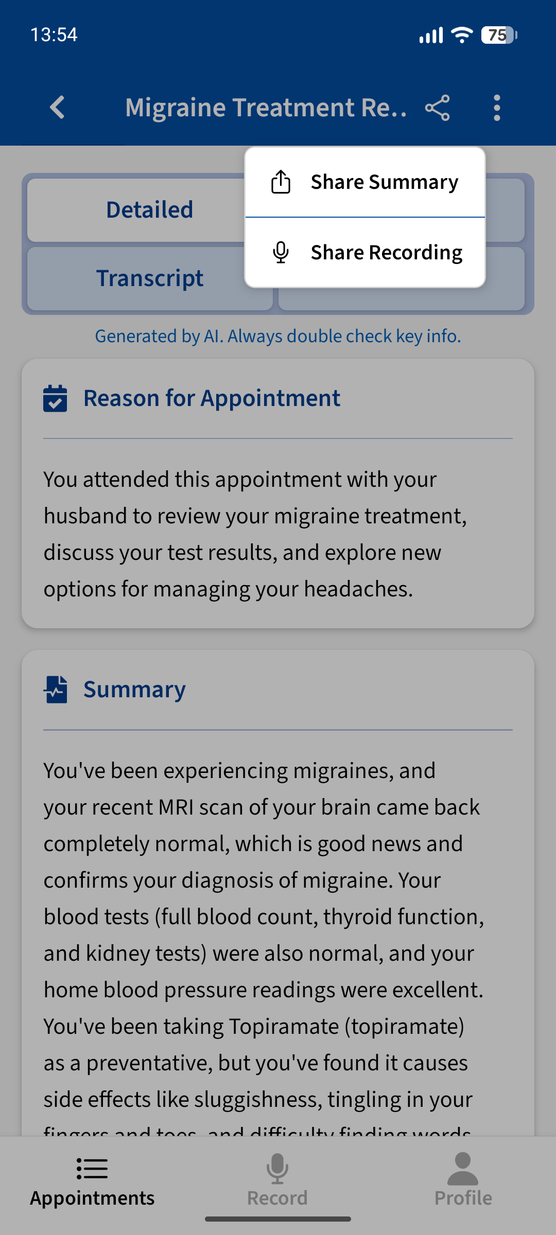 Advoca sharing a PDF summary of a recorded appointment