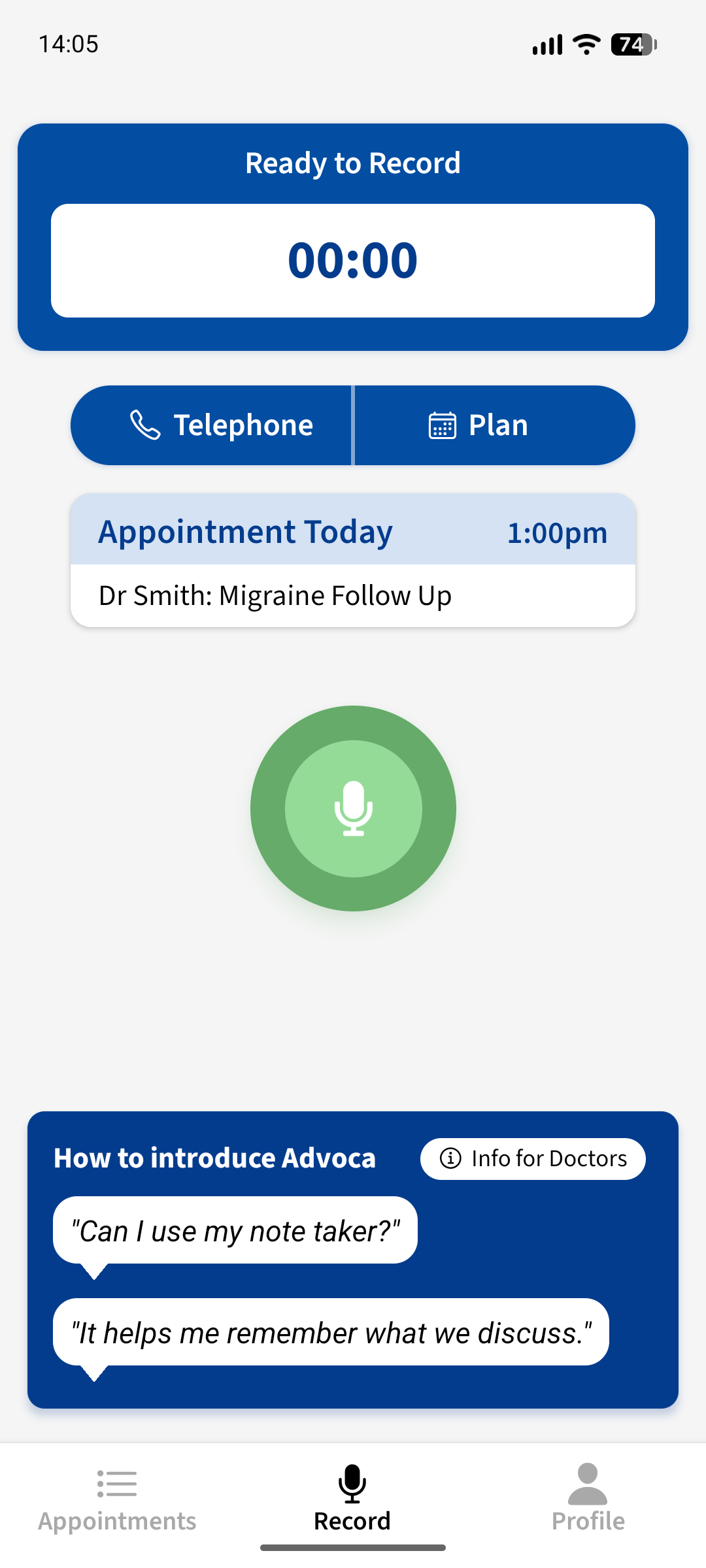 Advoca ready to record a migraine follow-up appointment with Dr Smith