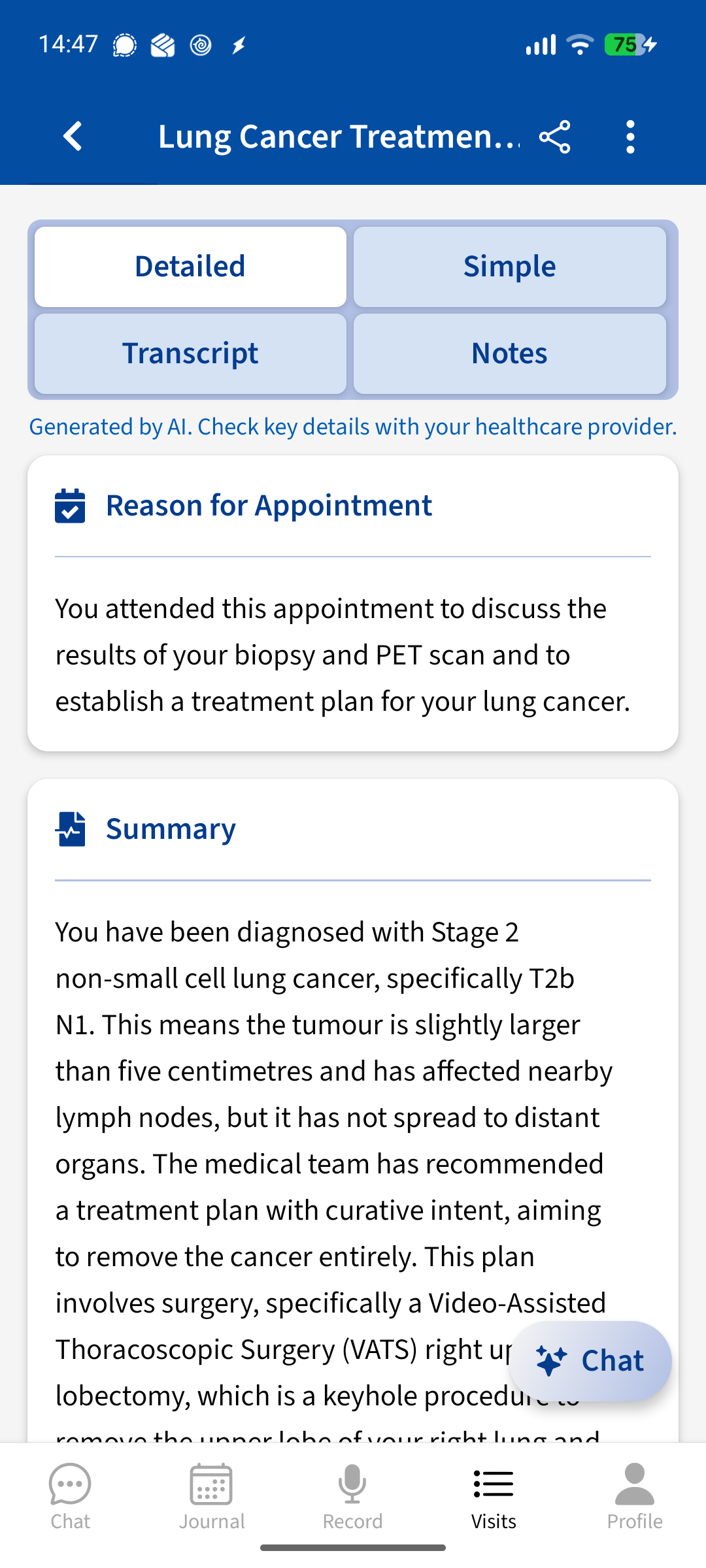 Advoca summary of a recorded lung cancer treatment appointment, covering biopsy, PET scan and VATS
