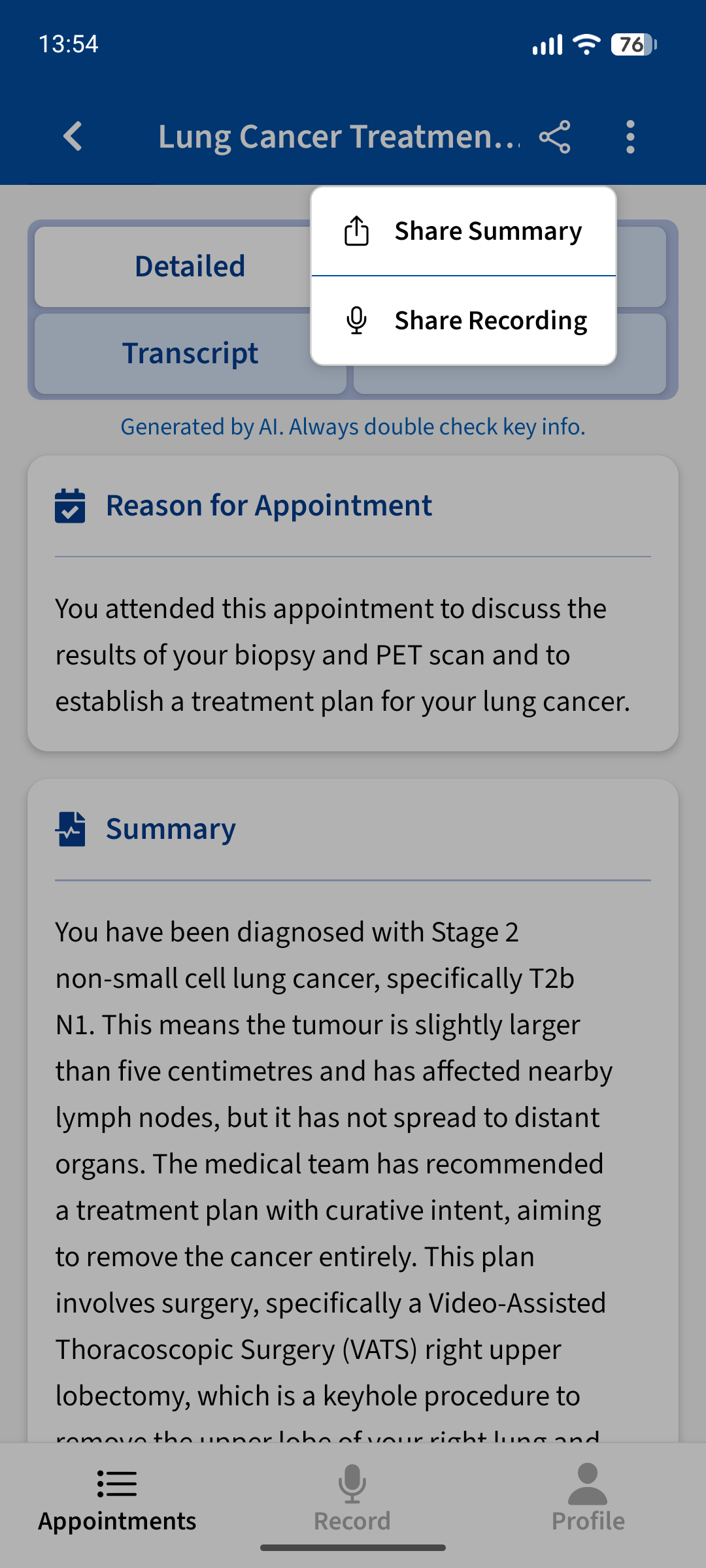 Advoca share-summary recording menu for a lung cancer treatment appointment