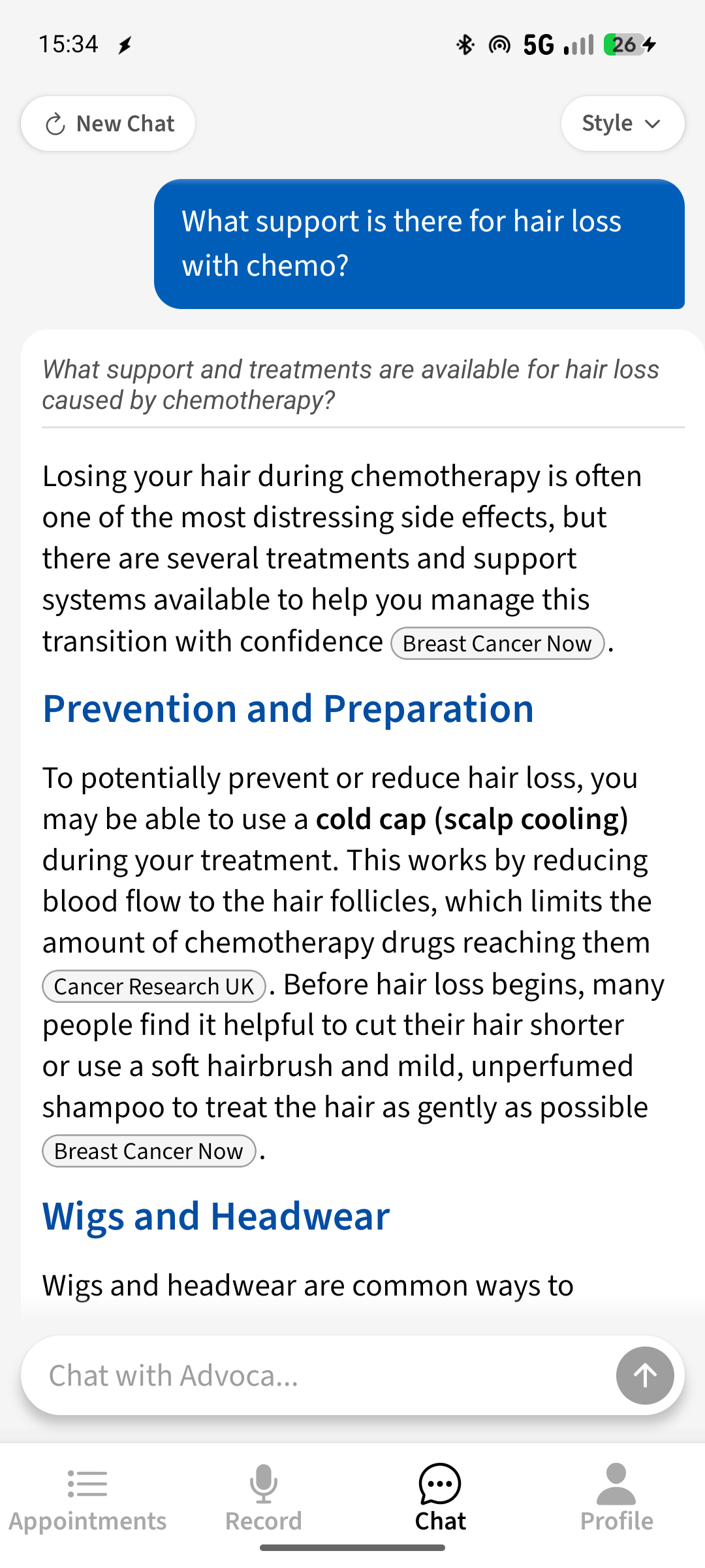 Advoca answering a breast cancer question about chemotherapy, hair loss, cold caps and wigs, with source cards shown
