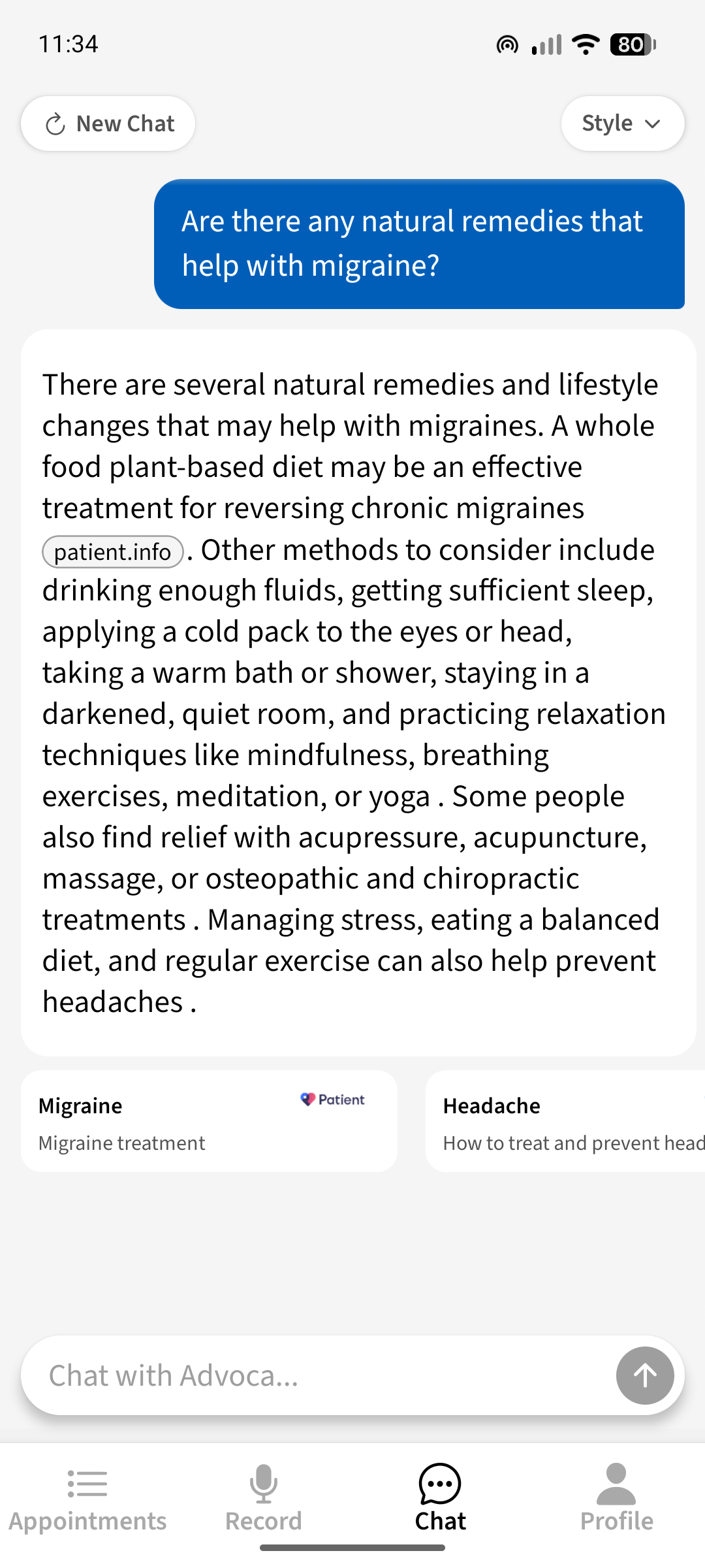 Advoca answering a migraine question about natural remedies with cited source cards