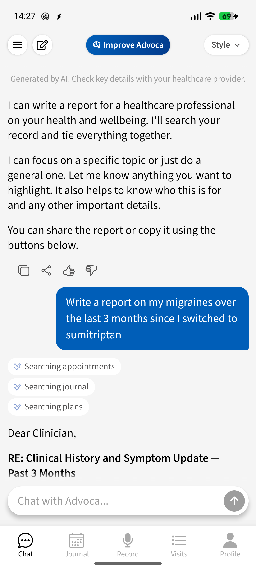 Advoca searching the user's appointments, journal and plans to answer a question