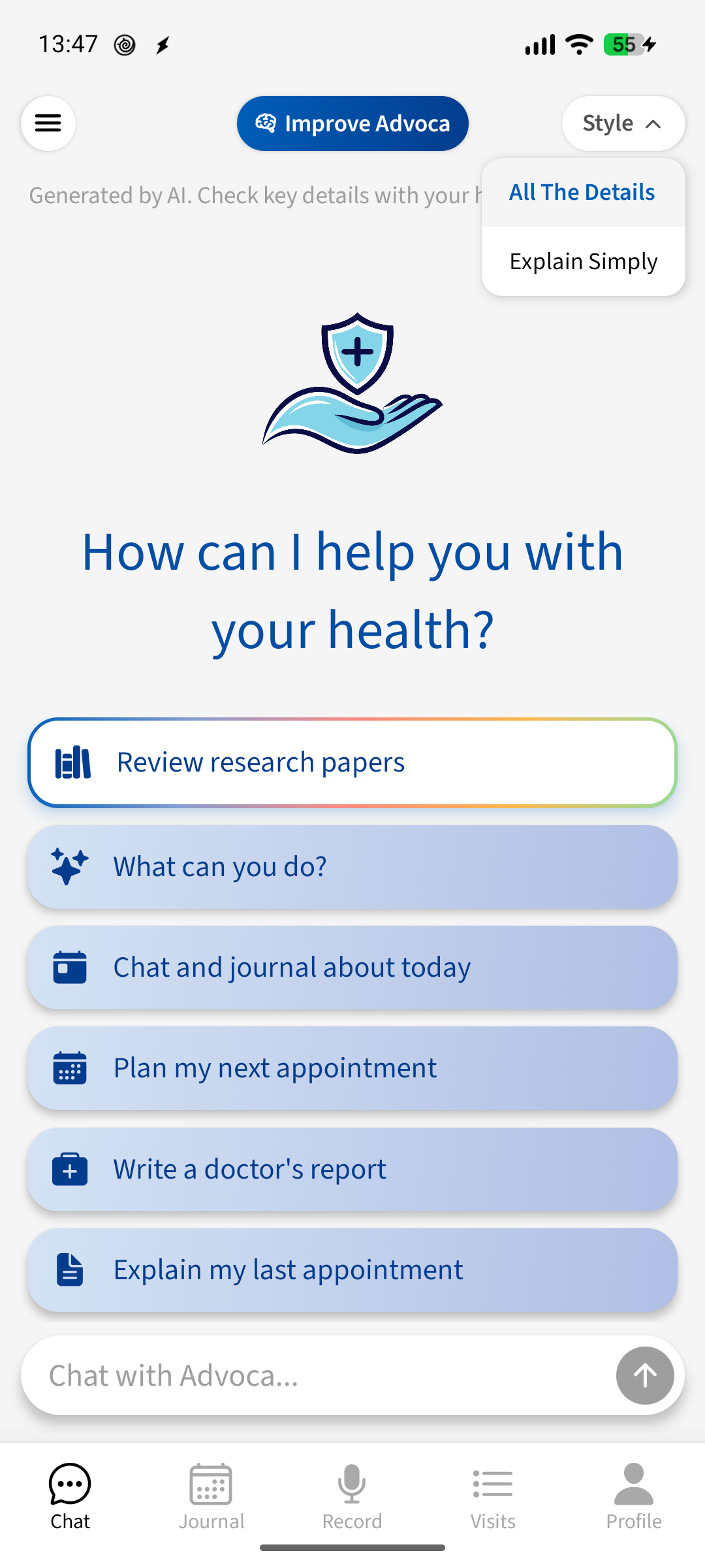 Advoca's complexity toggle switching an answer between Detailed and Simple