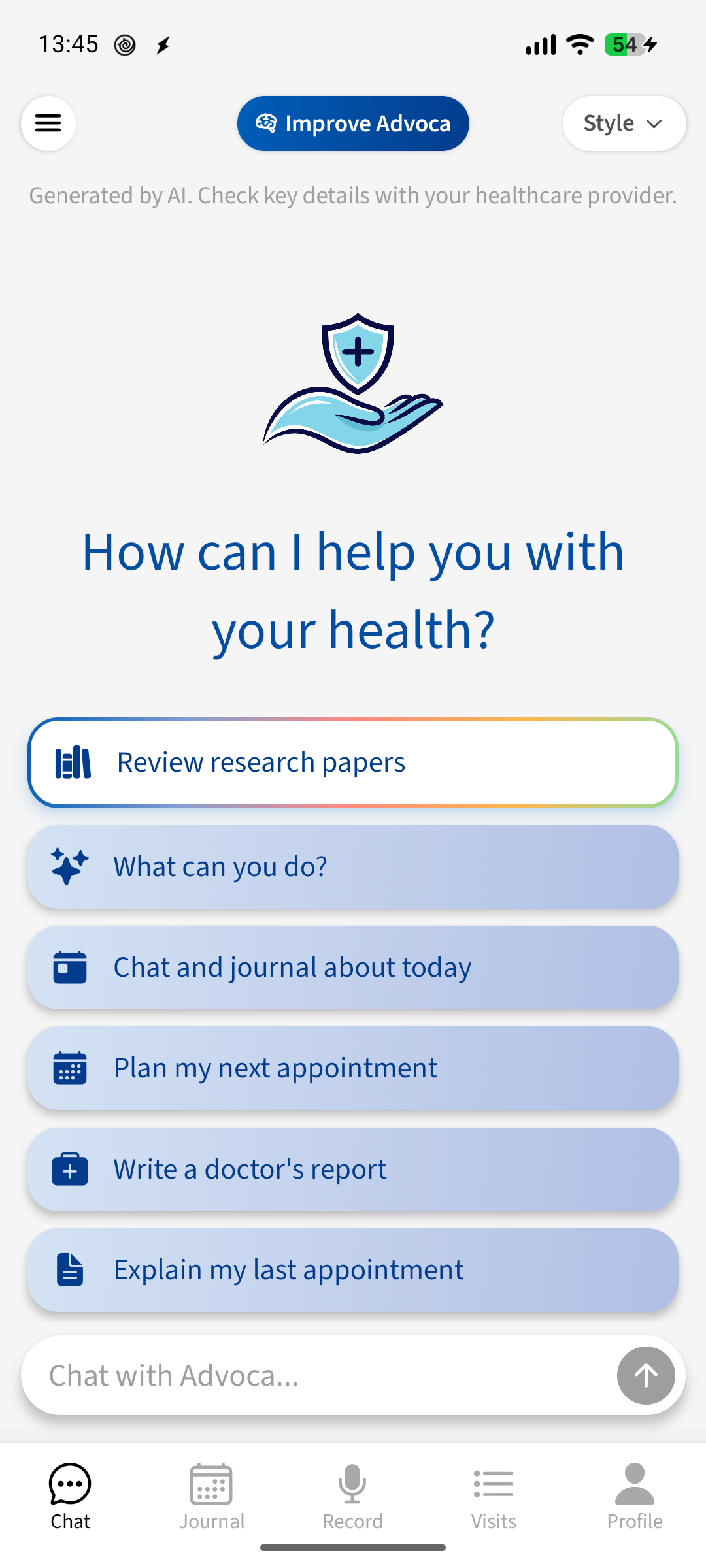 Advoca chat home screen with suggested questions to get started