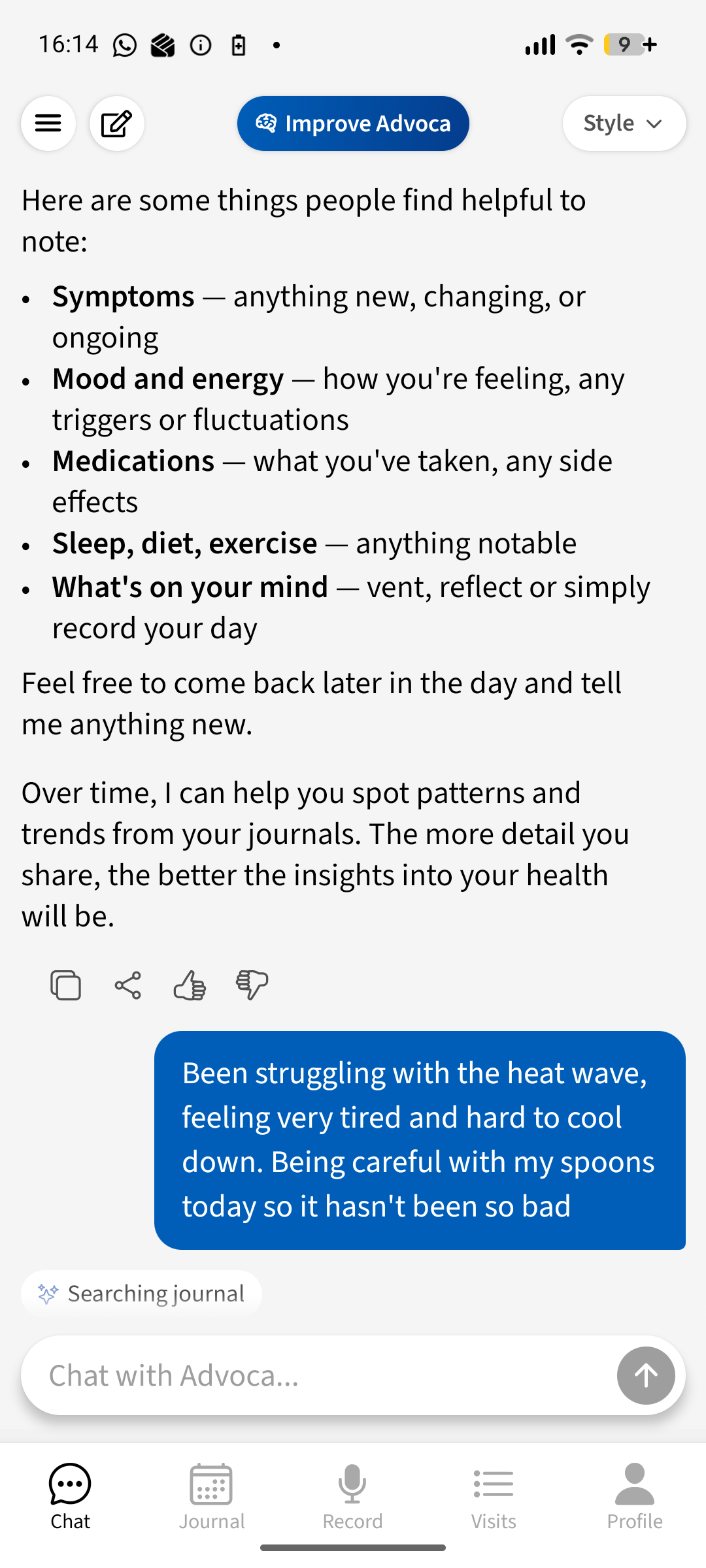 Advoca health journal capturing a fibromyalgia/ME-CFS day in free text — struggling with the heat wave, very tired, being careful with spoons
