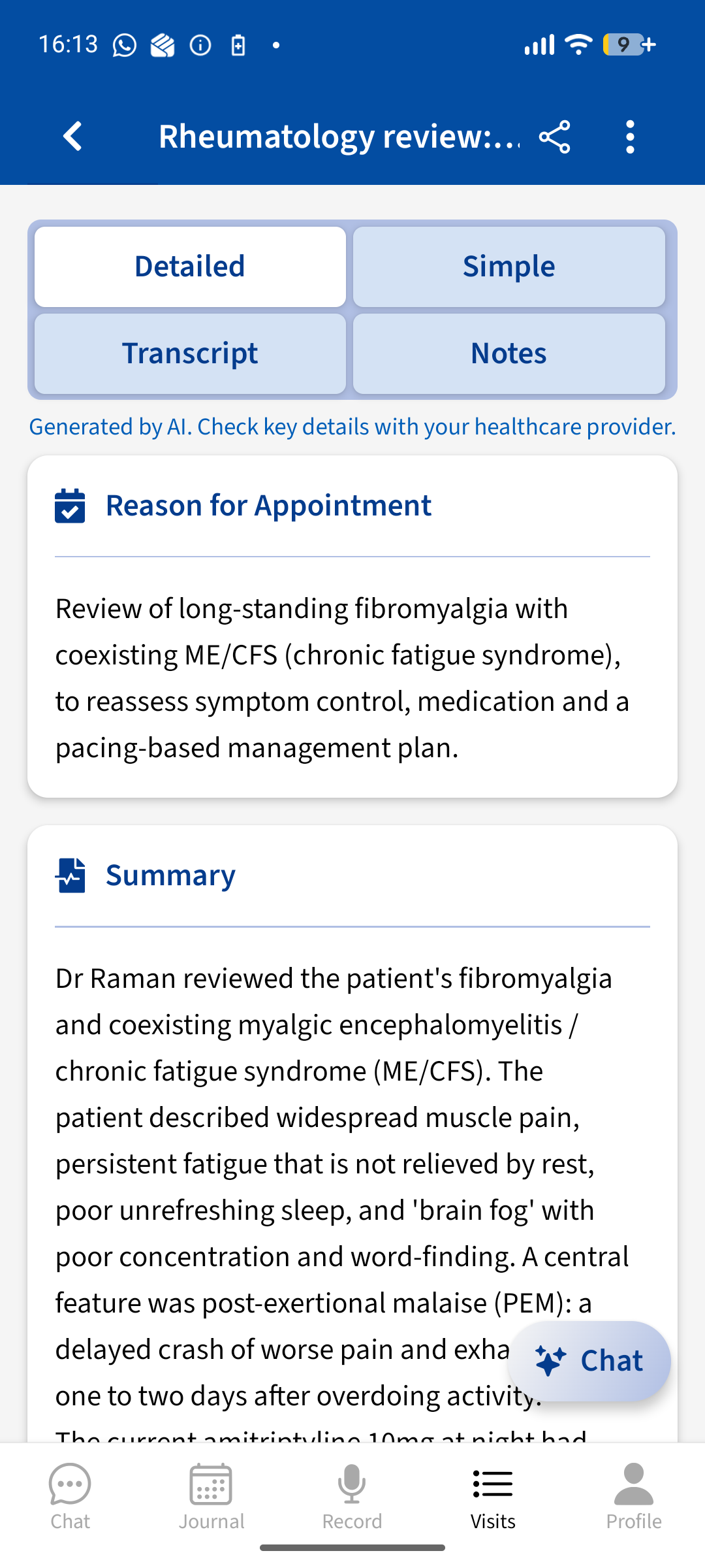 Advoca summary of a recorded rheumatology review of fibromyalgia and ME/CFS, with post-exertional malaise explained and the amitriptyline dose noted