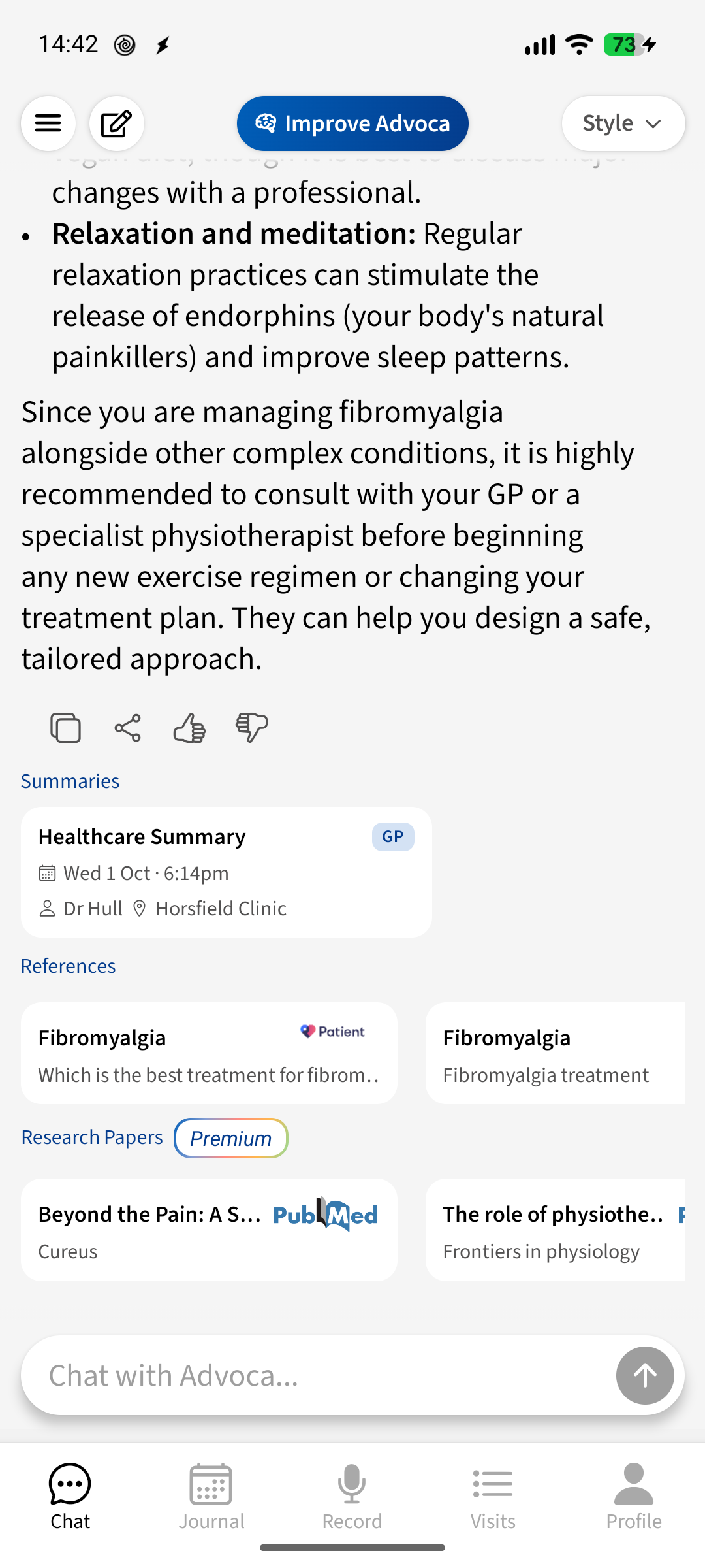Advoca answering a fibromyalgia question, showing cited source cards from patient charities and PubMed research papers