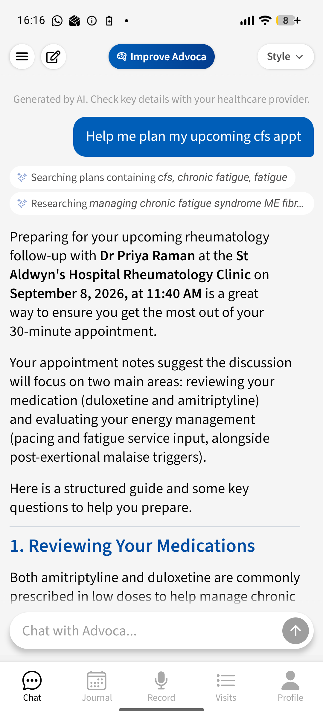 Advoca drafting a rheumatology follow-up agenda for ME/CFS and fibromyalgia, including a medication and pacing review