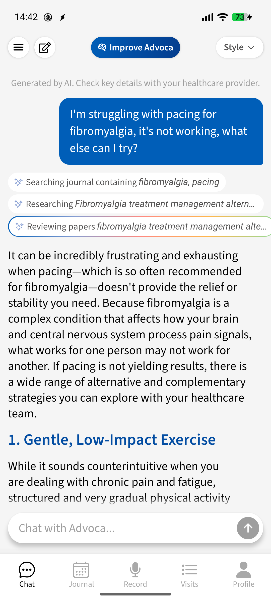 Advoca answering a fibromyalgia question about pacing, with alternative self-management strategies