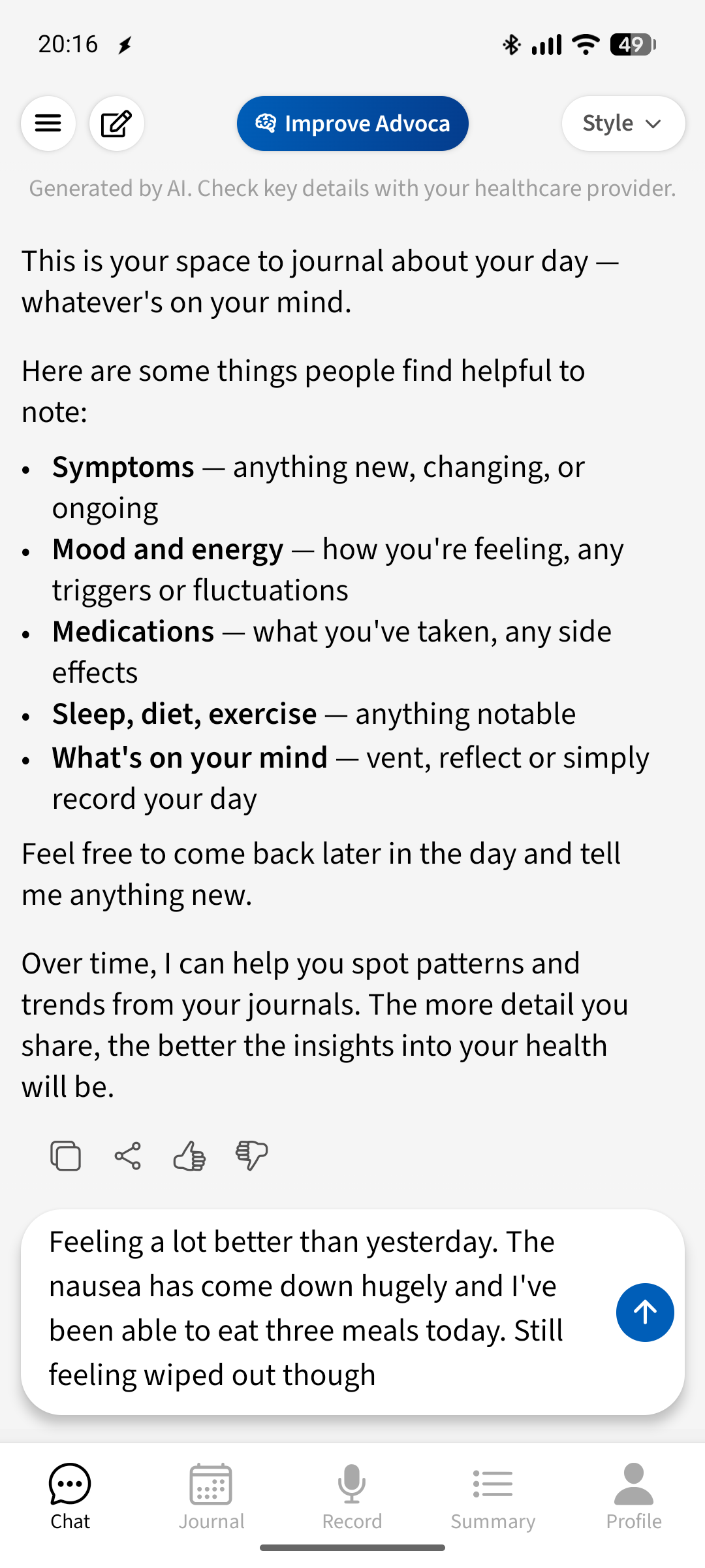 Journalling by chatting — an entry noting that nausea is improving and that three meals were eaten