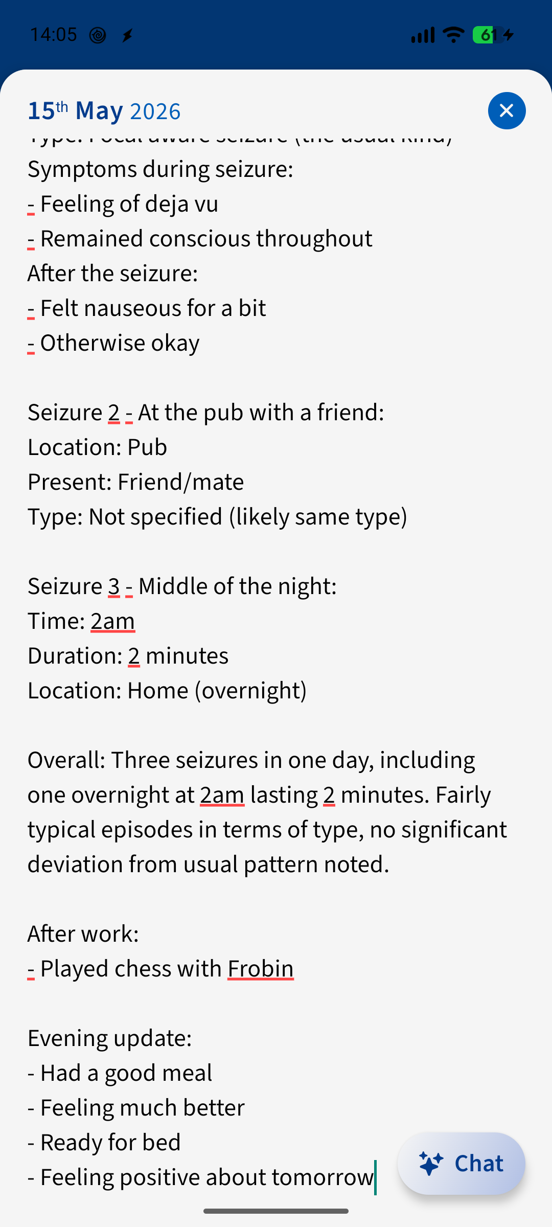 A detailed journal entry describing symptoms, timings, medications and how the day went