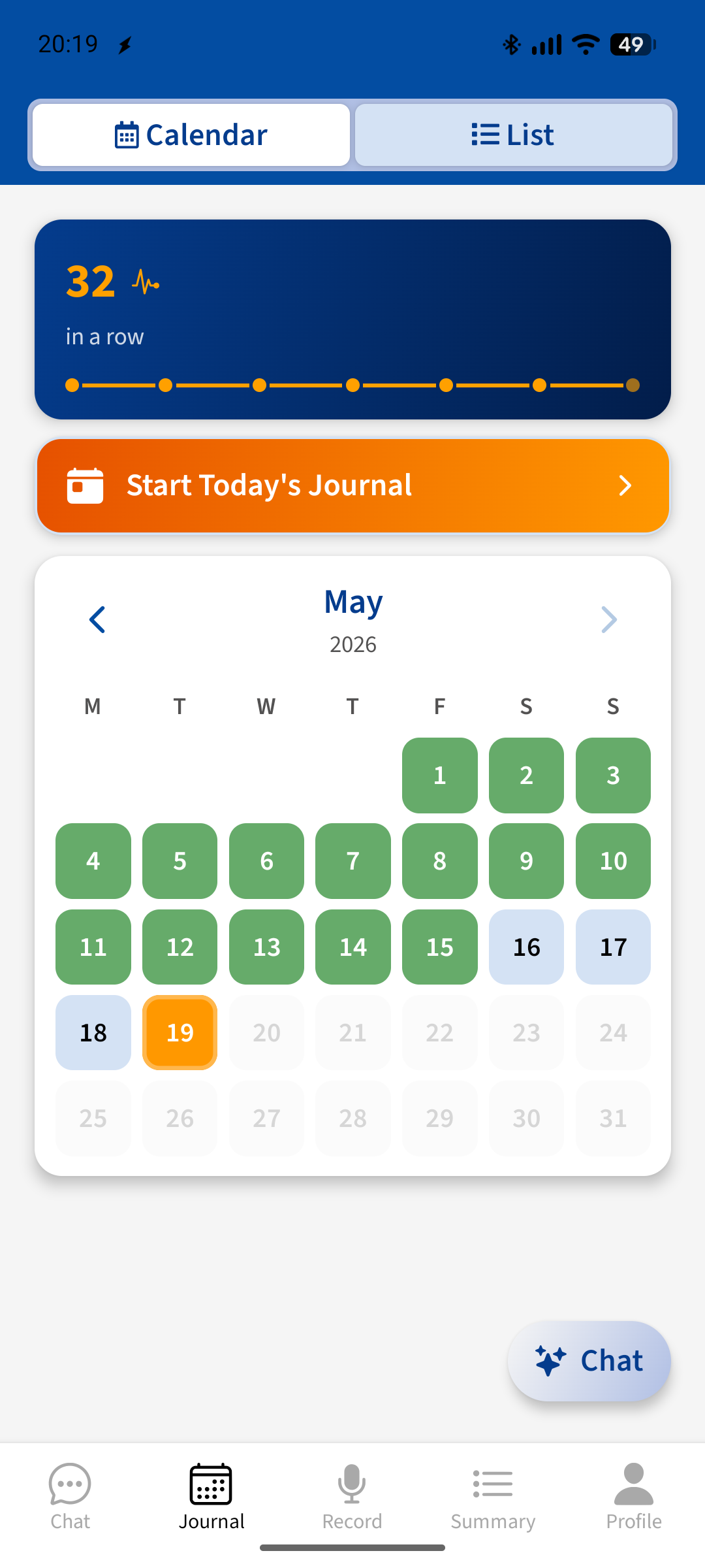 The journal calendar showing a streak of completed days and a prompt to start today's journal