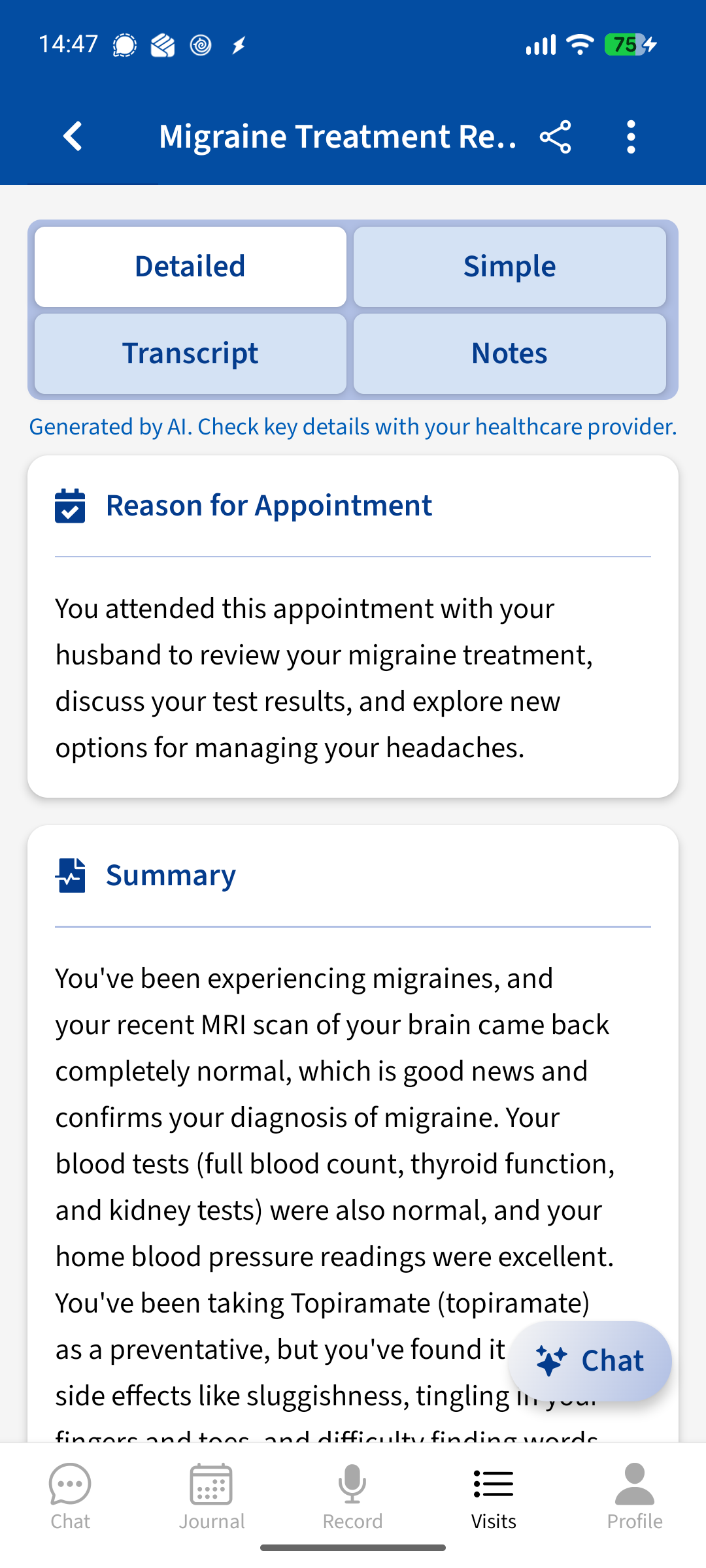 Advoca summary of a recorded migraine treatment review, covering MRI and topiramate