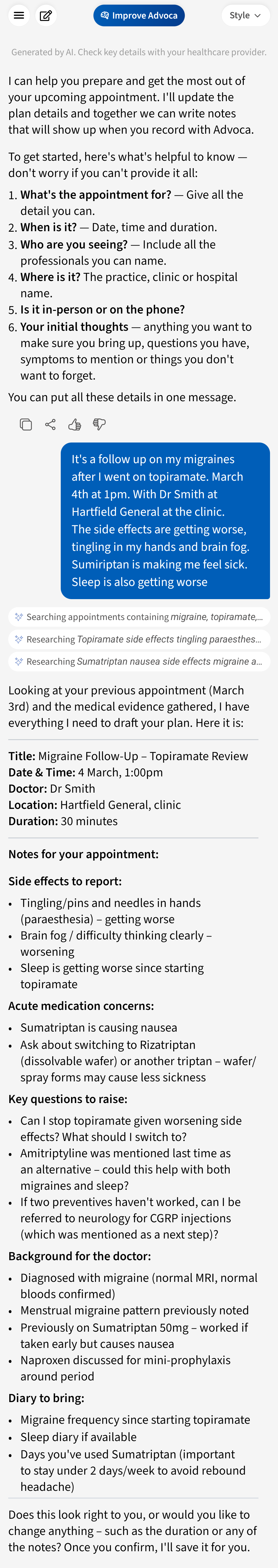 Advoca drafting a migraine follow-up agenda, including a topiramate review