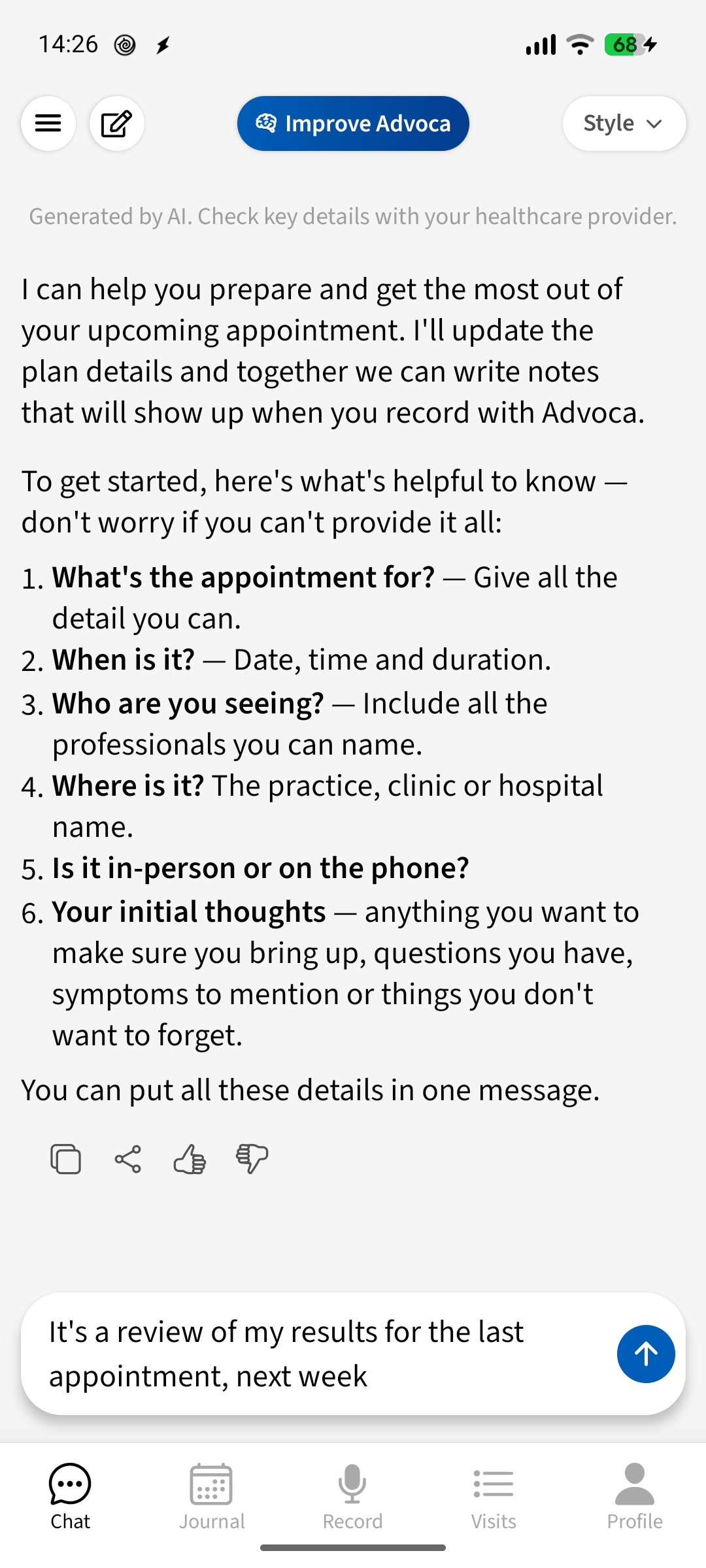 Chat creating an appointment plan with what, when, who and where details