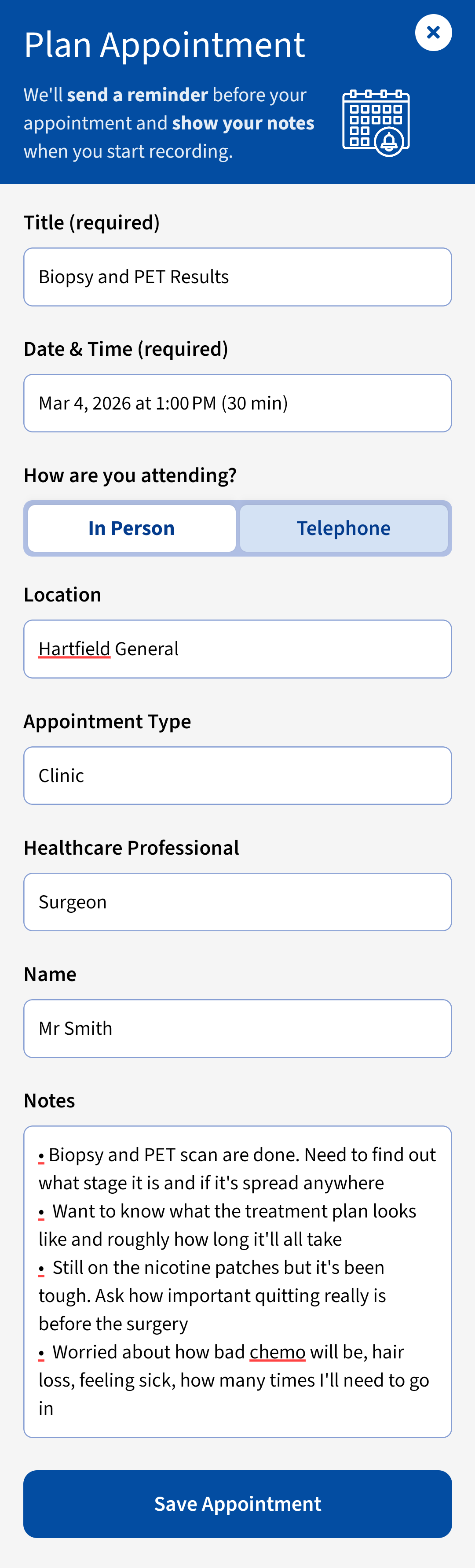 Appointment plan form showing preparation notes for a biopsy follow-up