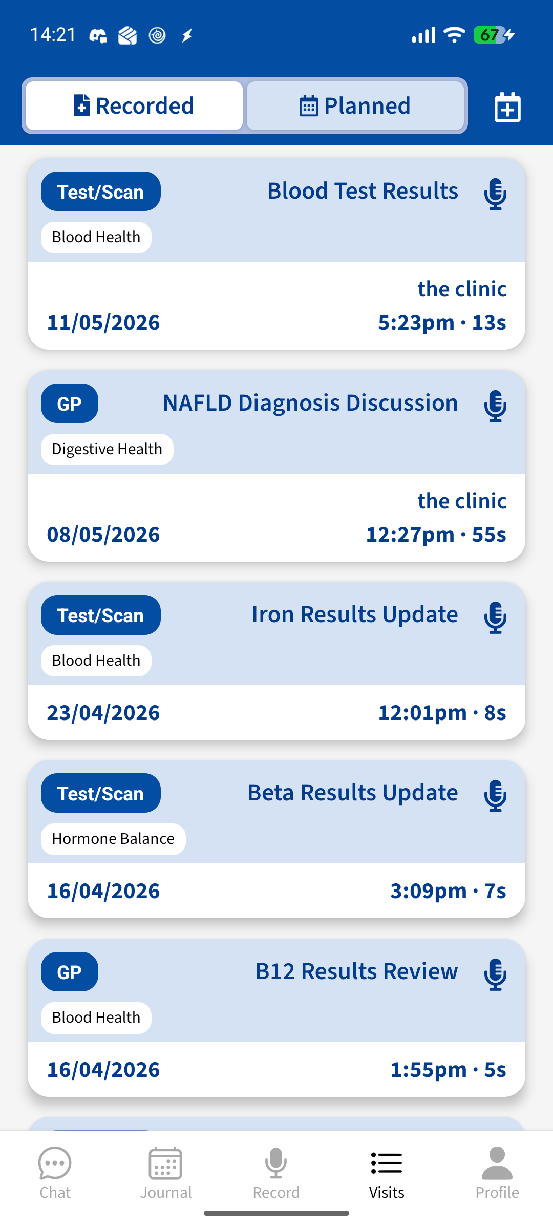 Visits list showing upcoming planned appointments