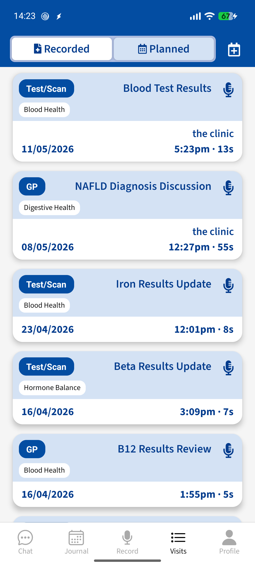Planned appointments tab showing upcoming visits