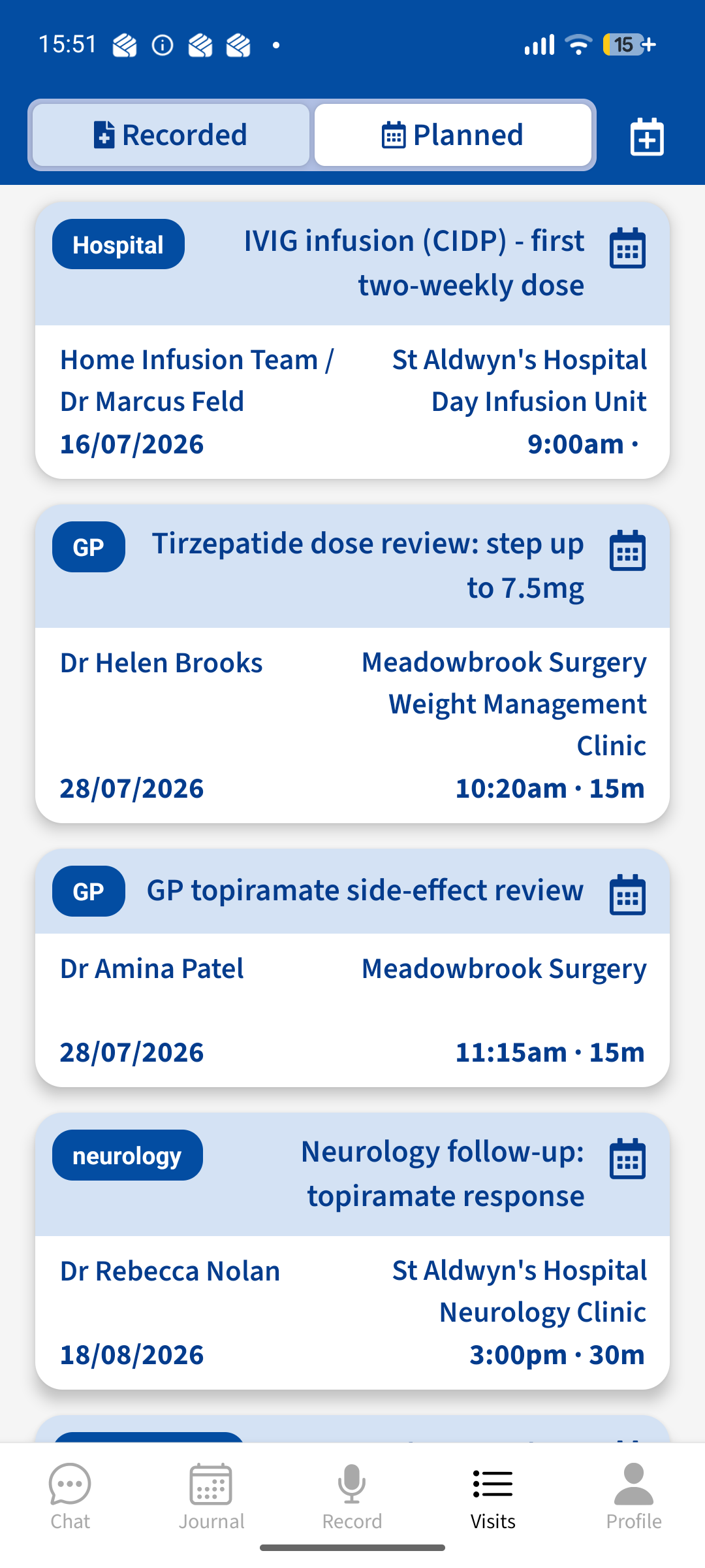 Advoca appointment planner showing upcoming visits