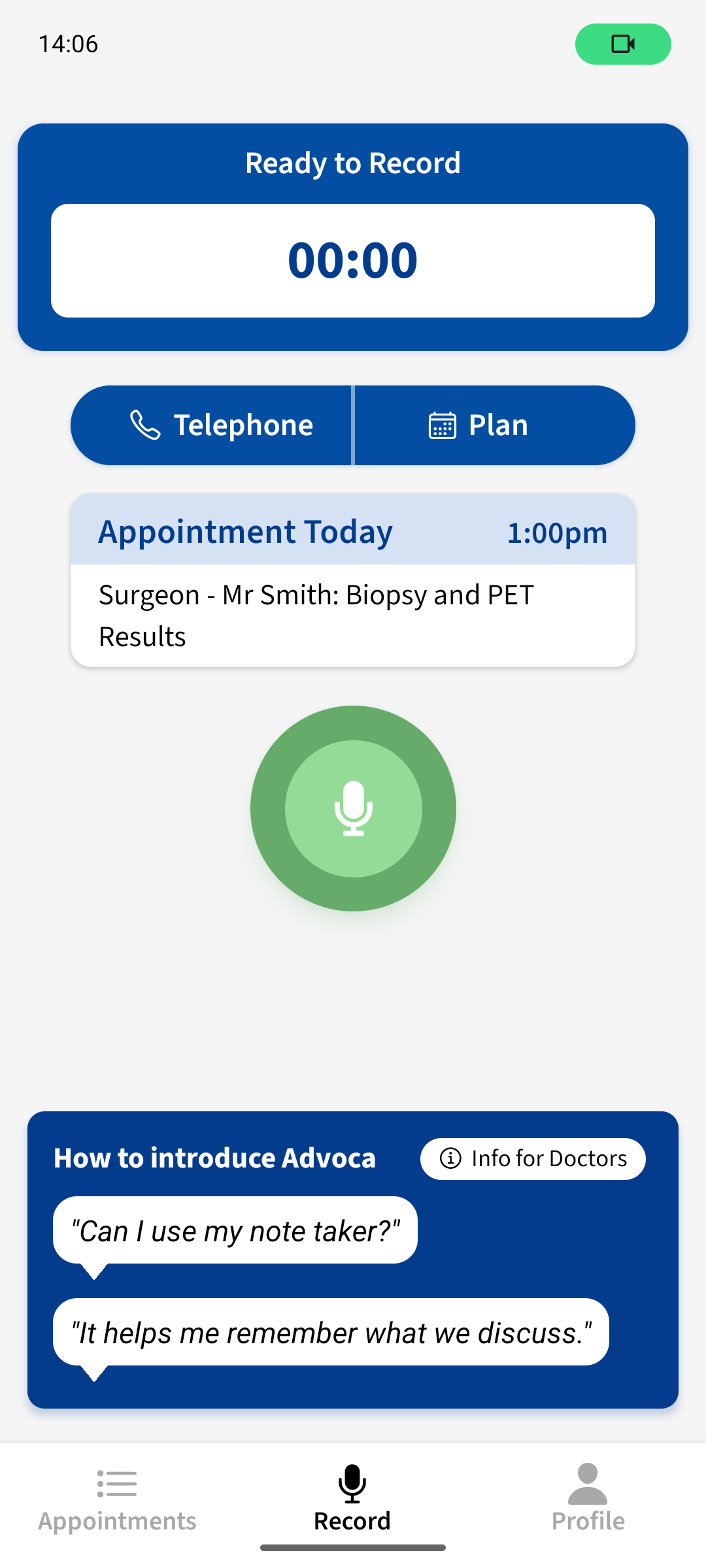 Advoca Record screen — one tap to start recording your appointment