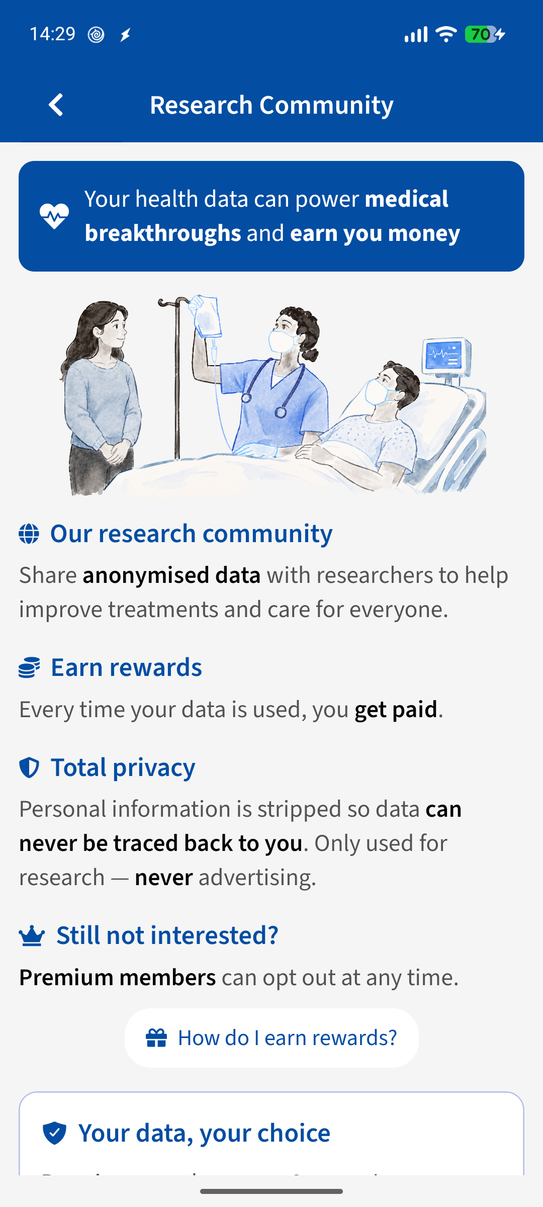 Advoca research community overview, showing rewards, privacy and the opt-in choice