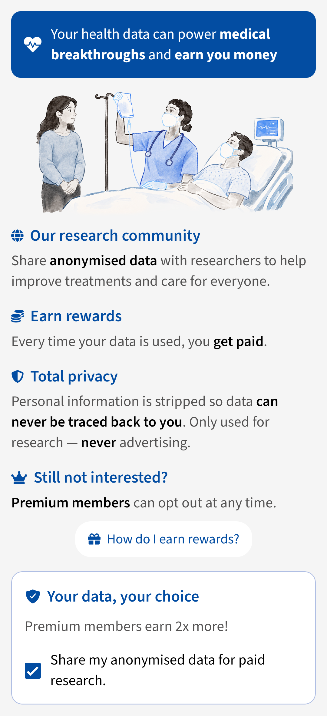 Advoca research community screen showing how rewards build up as you use the app