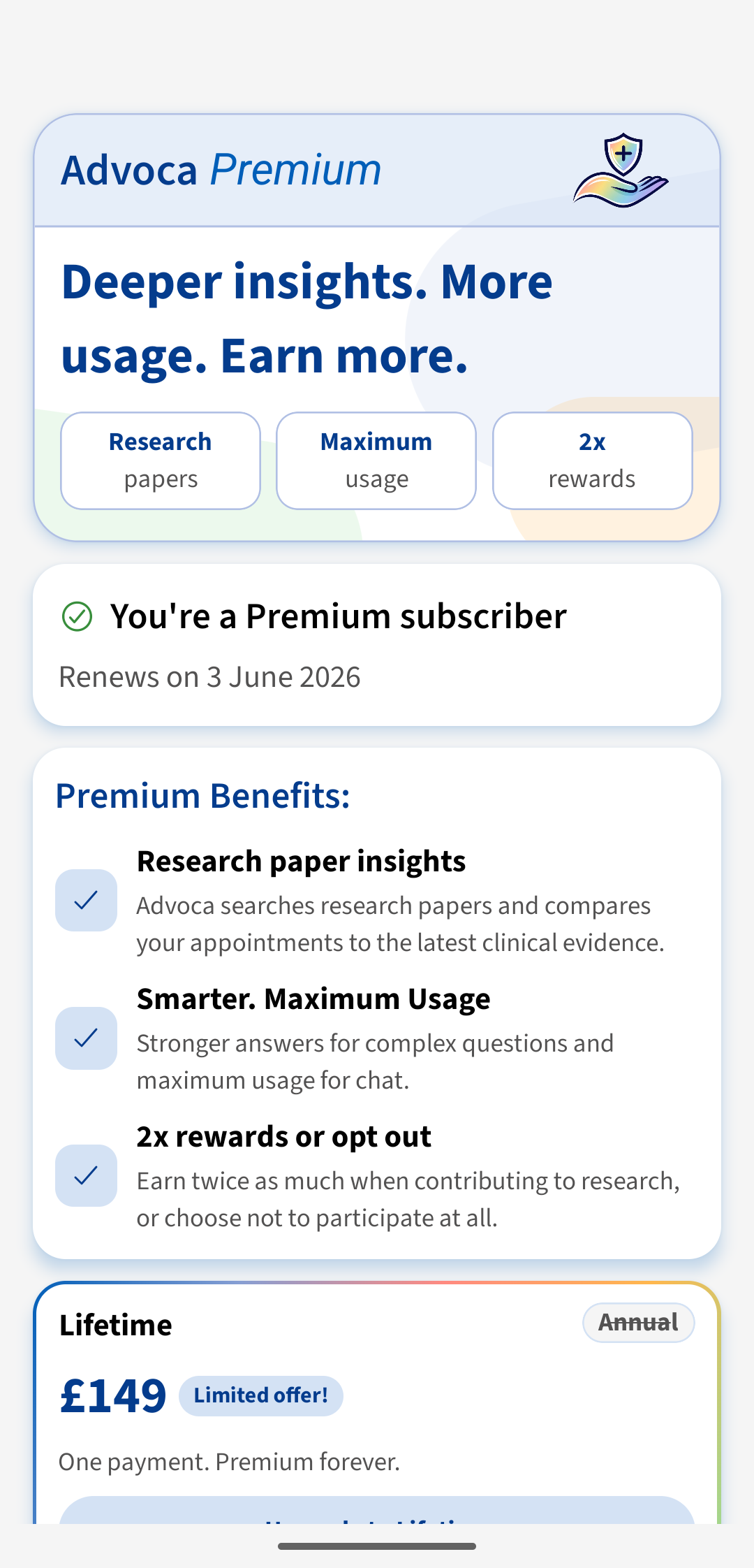 Advoca Premium screen showing research paper insights, maximum usage and the 2x rewards perk