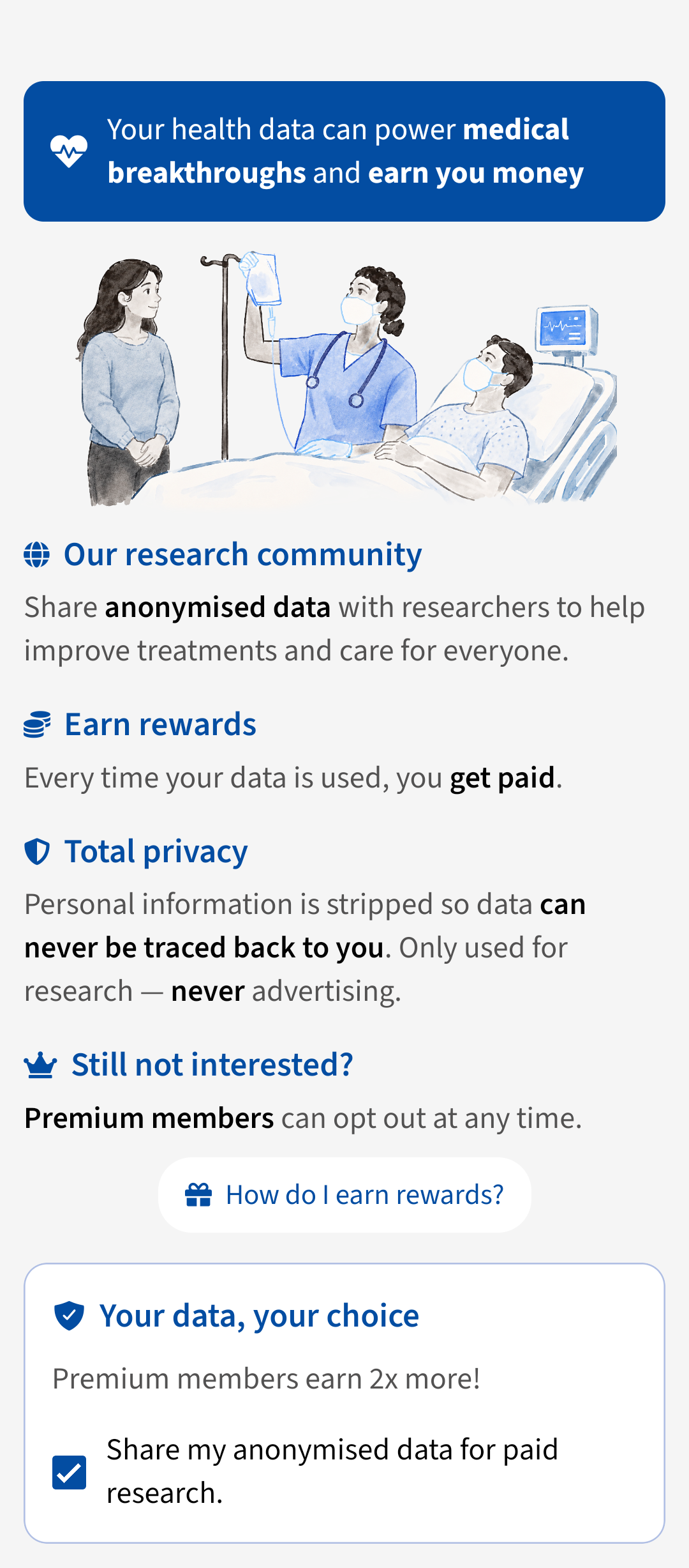 Advoca research community overview, showing rewards, privacy and the opt-in choice