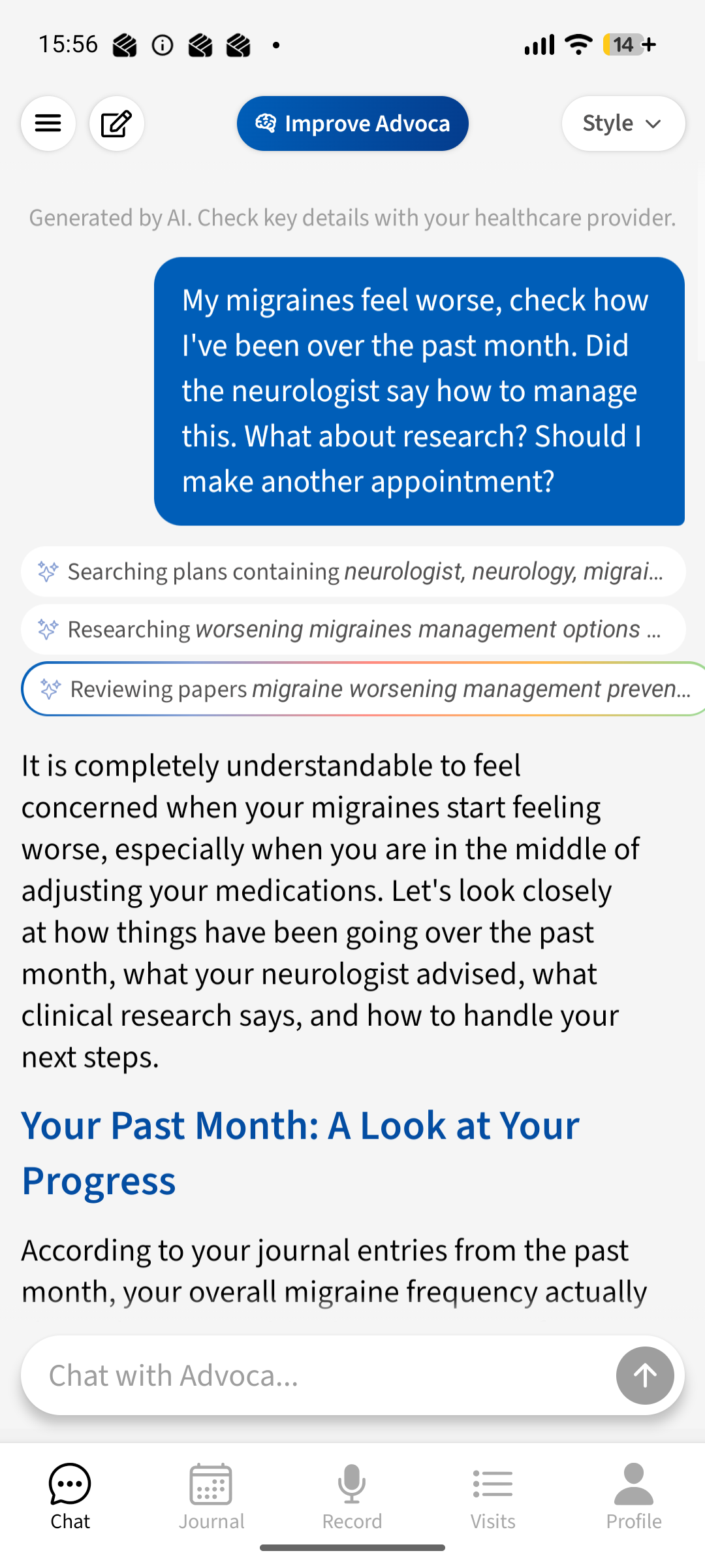 Advoca answering a worsening-migraine question in the context of the user's own care — searching their plans, researching management options and reviewing published papers
