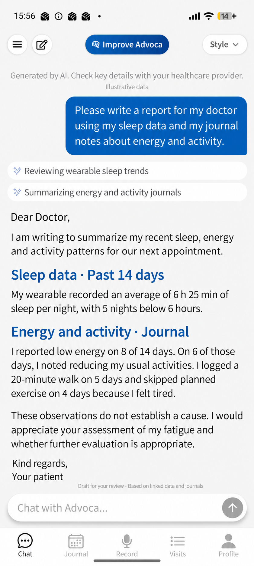 Advoca drafting a letter to a doctor from linked sleep data and journal notes, with sections headed “Sleep data · Past 14 days” and “Energy and activity · Journal”