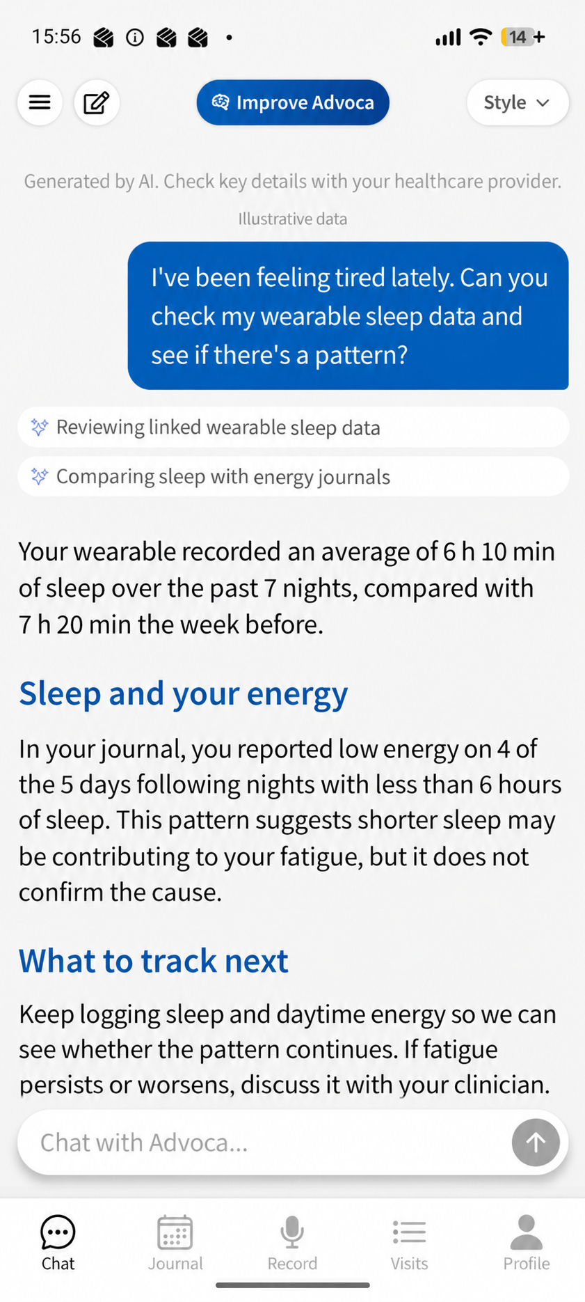 Advoca chat answering a question about linked wearable sleep data, with sections headed “Sleep and your energy” and “What to track next”