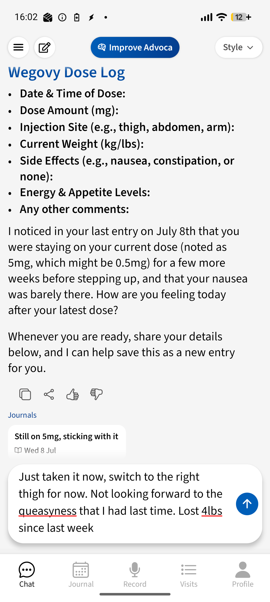Advoca health journal capturing a Wegovy dose log in free text — just injected into the right thigh, wary of the queasiness from last time, down 4lbs since last week