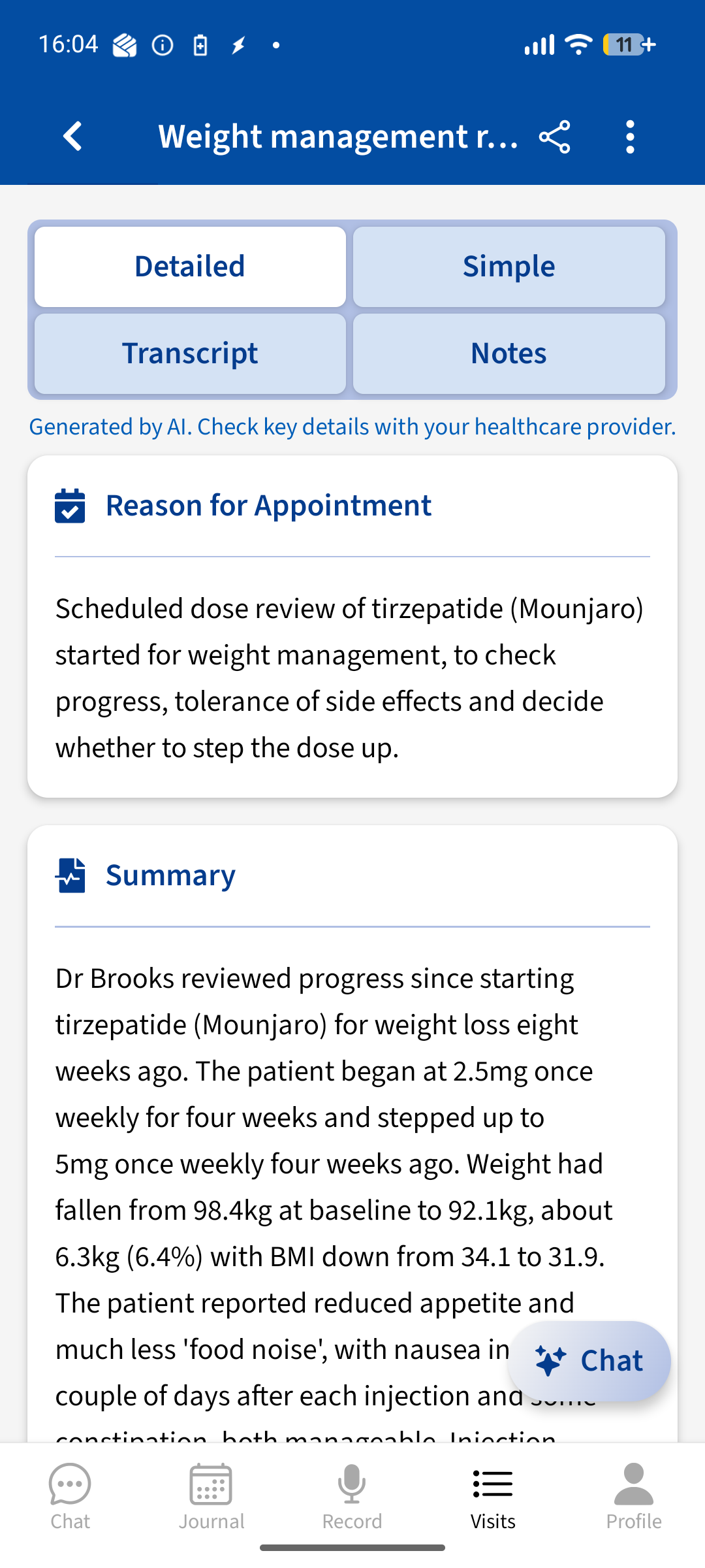 Advoca summary of a recorded tirzepatide (Mounjaro) dose review, laying out the weight trend, side-effect profile and next steps in plain language