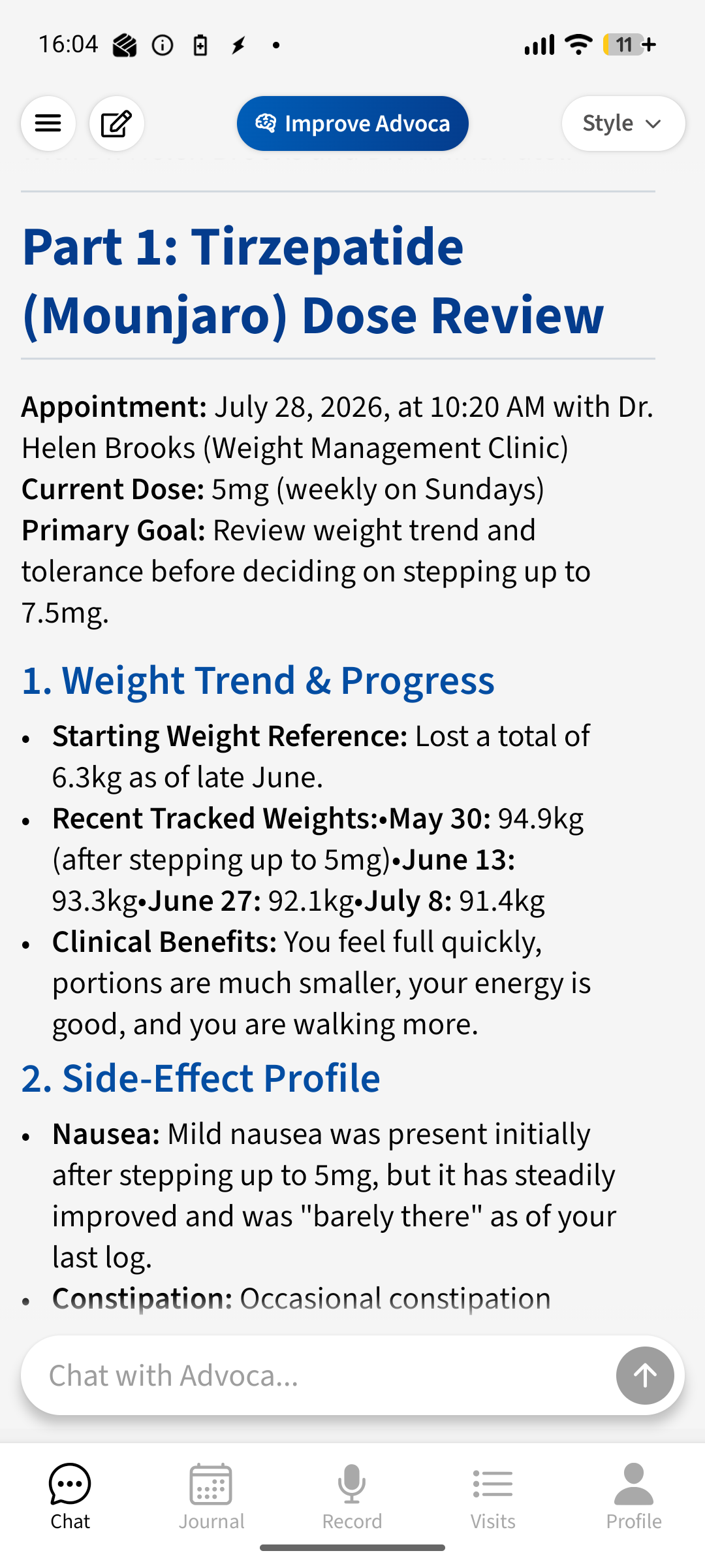 Advoca drafting a tirzepatide dose-review agenda — weight trend and progress, side-effect profile, and whether to step up the dose