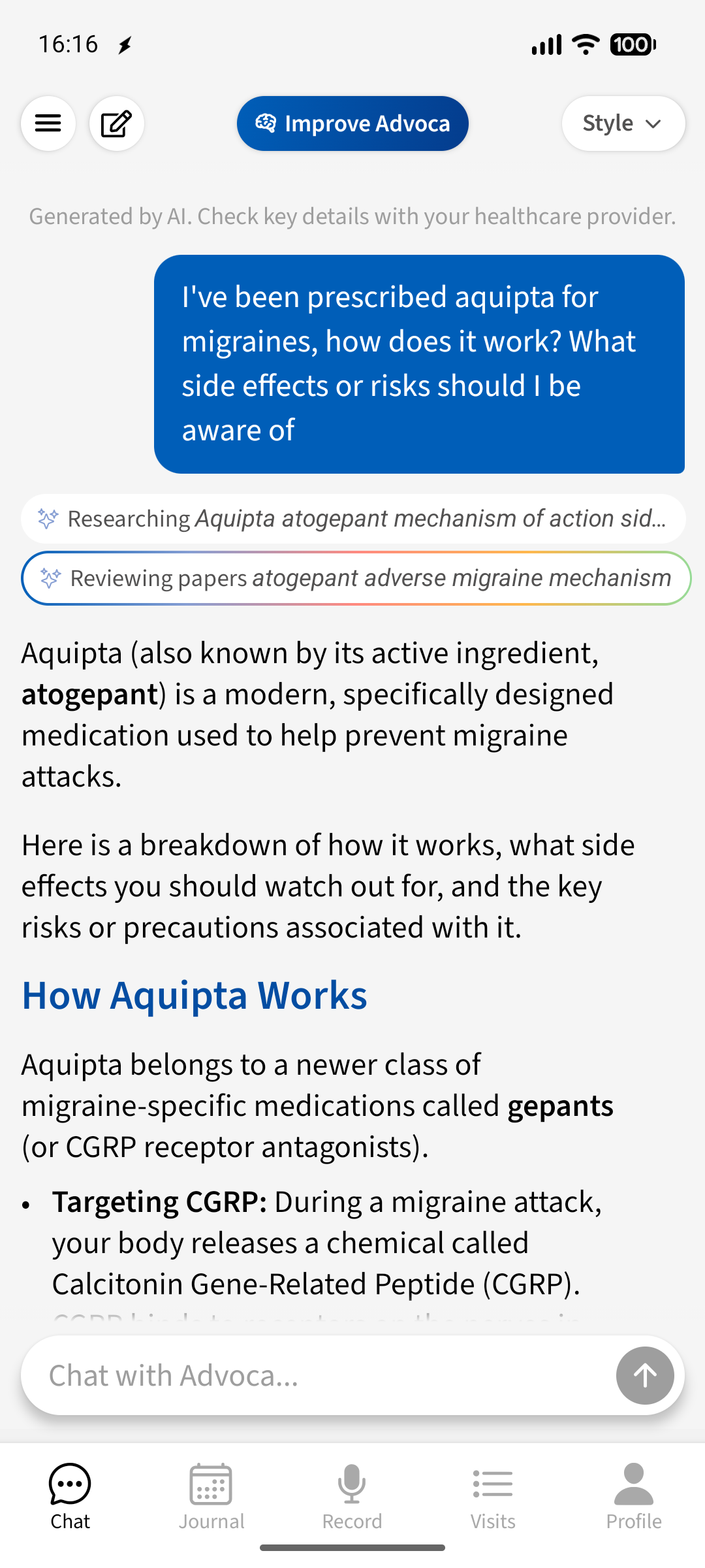 Chat answering a migraine question with cited sources